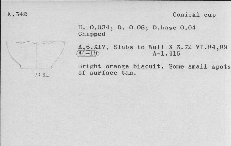 Index card with typed and handwritten information, sometimes including a sketch, of pottery from an excavation.