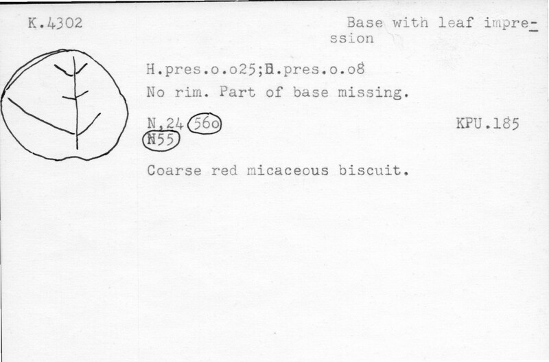 Index card with typed and handwritten information, sometimes including a sketch, of pottery from an excavation.