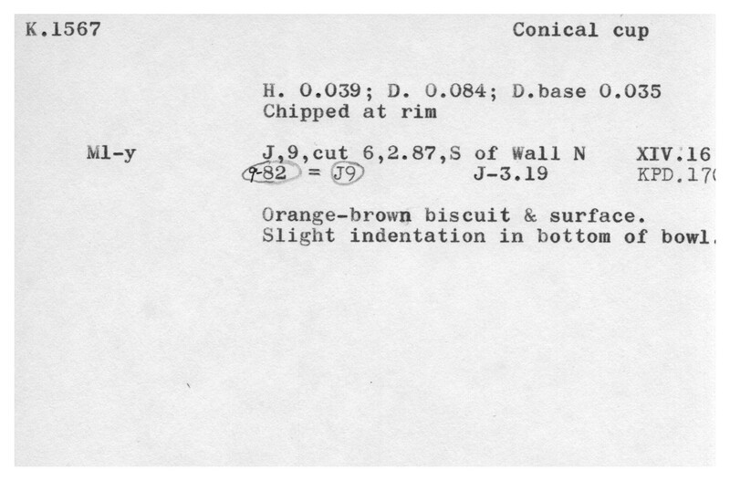 Index card with typed and handwritten information, sometimes including a sketch, of pottery from an excavation.