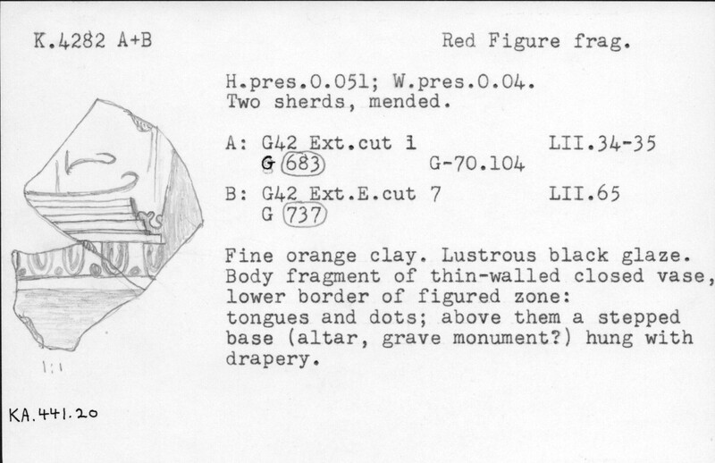 Index card with typed and handwritten information, sometimes including a sketch, of pottery from an excavation.