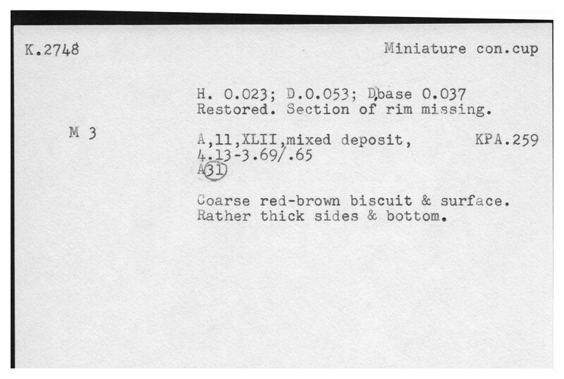 Index card with typed and handwritten information, sometimes including a sketch, of pottery from an excavation.