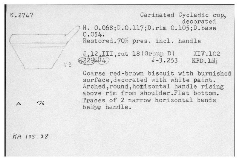 Index card with typed and handwritten information, sometimes including a sketch, of pottery from an excavation.