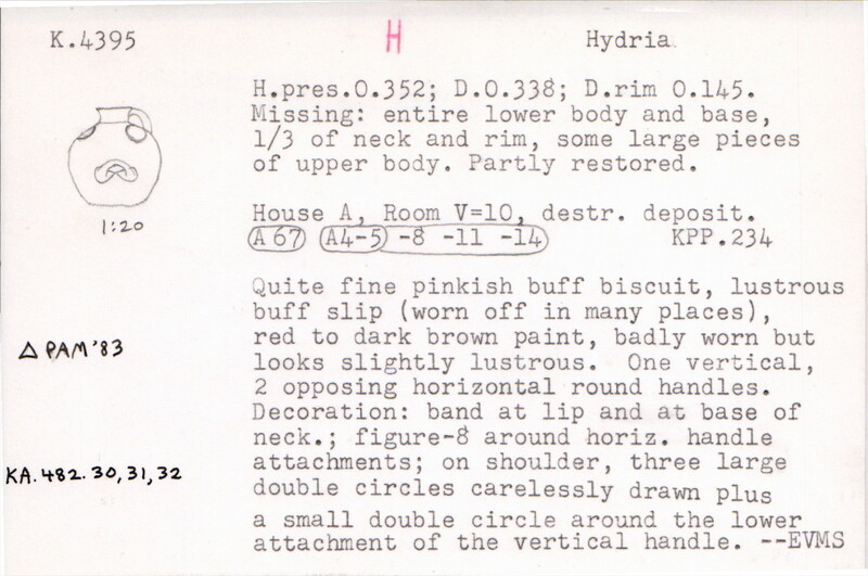 Index card with typed and handwritten information, sometimes including a sketch, of pottery from an excavation.
