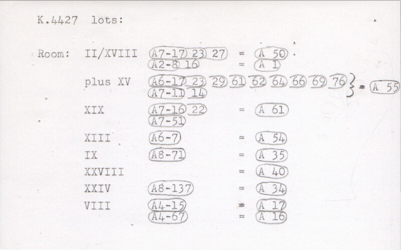 Index card with typed and handwritten information, sometimes including a sketch, of pottery from an excavation.