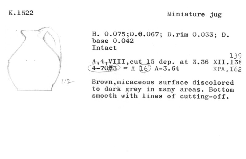 Index card with typed and handwritten information, sometimes including a sketch, of pottery from an excavation.