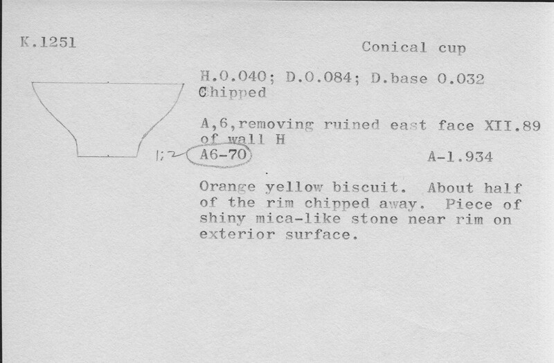 Index card with typed and handwritten information, sometimes including a sketch, of pottery from an excavation.