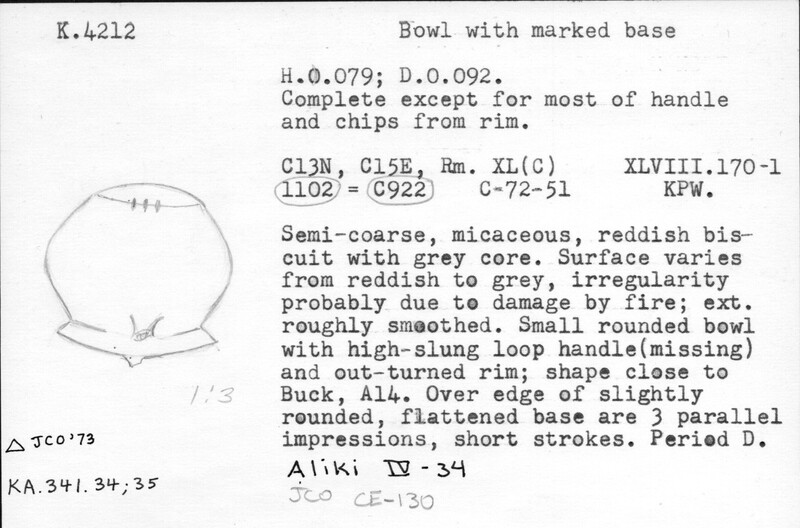 Index card with typed and handwritten information, sometimes including a sketch, of pottery from an excavation.