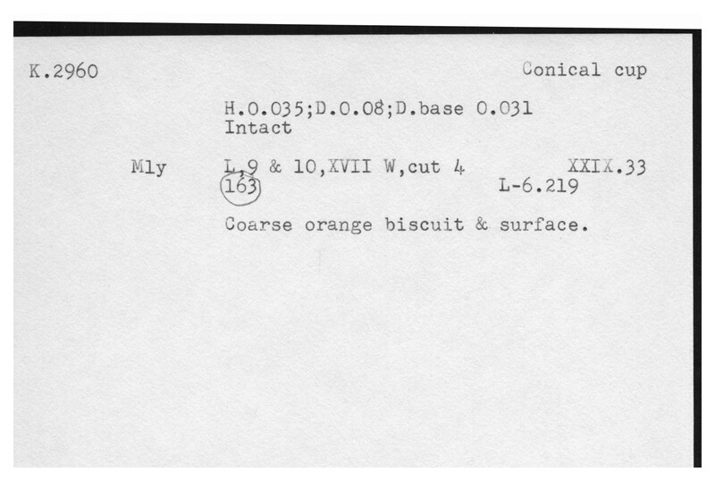 Index card with typed and handwritten information, sometimes including a sketch, of pottery from an excavation.