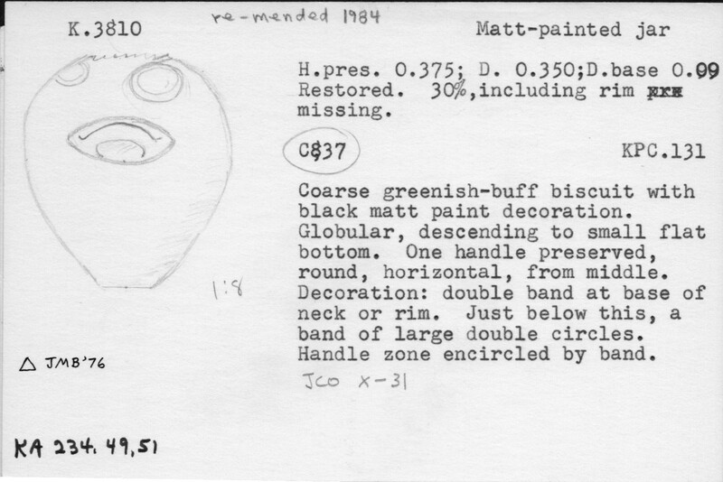 Index card with typed and handwritten information, sometimes including a sketch, of pottery from an excavation.