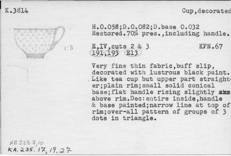 Index card with typed and handwritten information, sometimes including a sketch, of pottery from an excavation.