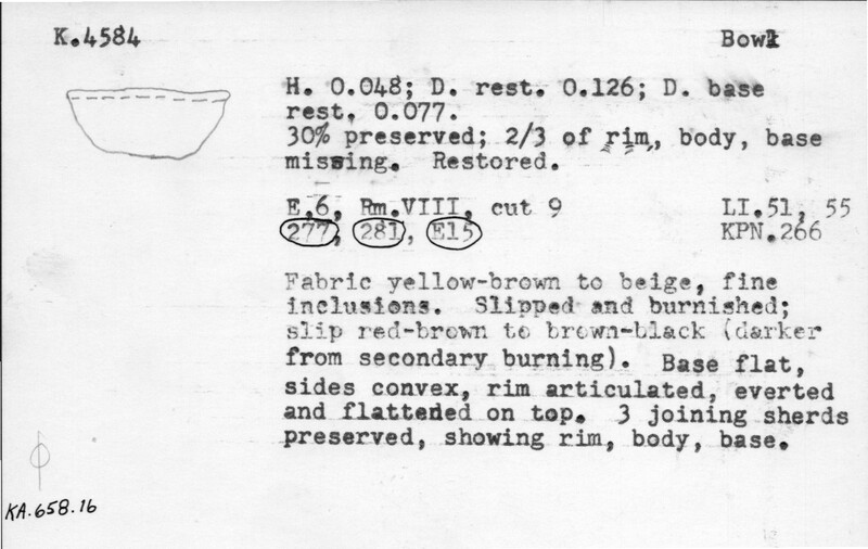 Index card with typed and handwritten information, sometimes including a sketch, of pottery from an excavation.