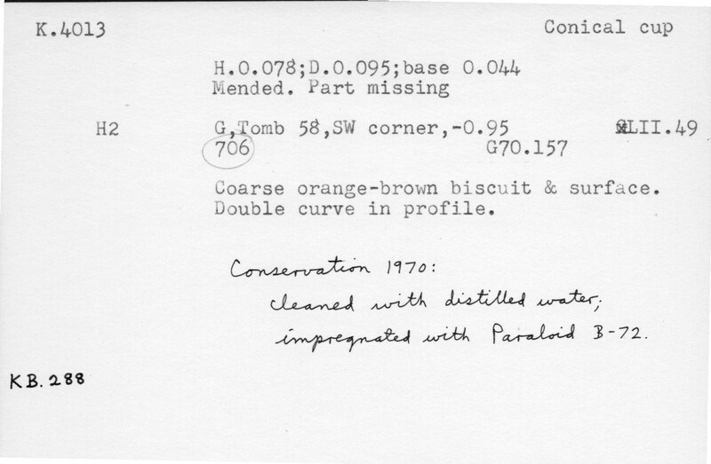 Index card with typed and handwritten information, sometimes including a sketch, of pottery from an excavation.