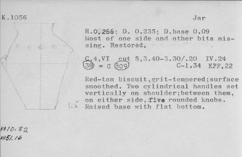Index card with typed and handwritten information, sometimes including a sketch, of pottery from an excavation.