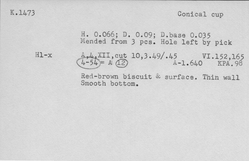 Index card with typed and handwritten information, sometimes including a sketch, of pottery from an excavation.
