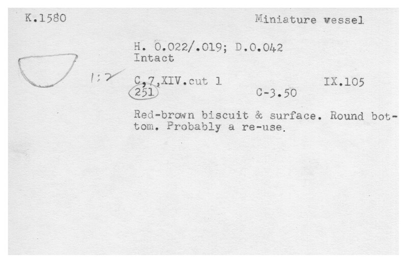 Index card with typed and handwritten information, sometimes including a sketch, of pottery from an excavation.