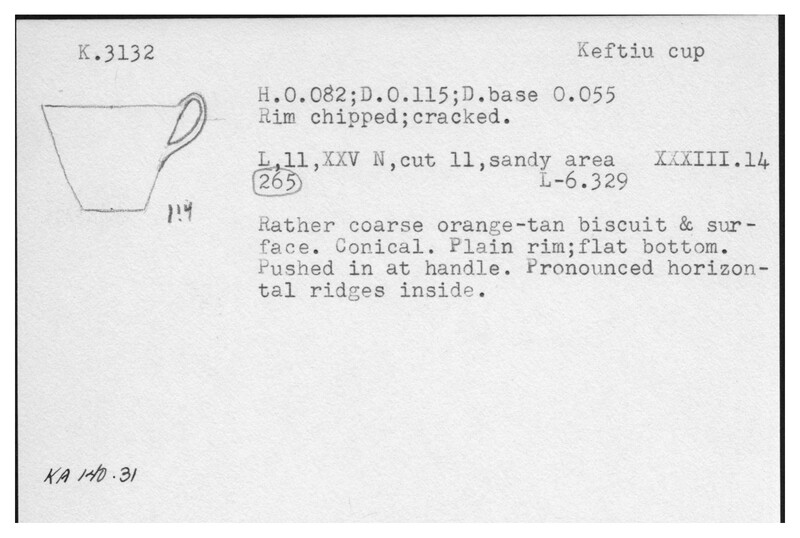 Index card with typed and handwritten information, sometimes including a sketch, of pottery from an excavation.