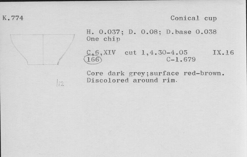 Index card with typed and handwritten information, sometimes including a sketch, of pottery from an excavation.