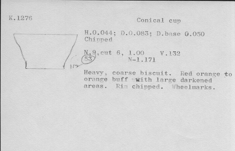 Index card with typed and handwritten information, sometimes including a sketch, of pottery from an excavation.
