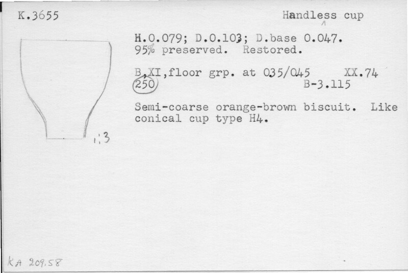 Index card with typed and handwritten information, sometimes including a sketch, of pottery from an excavation.