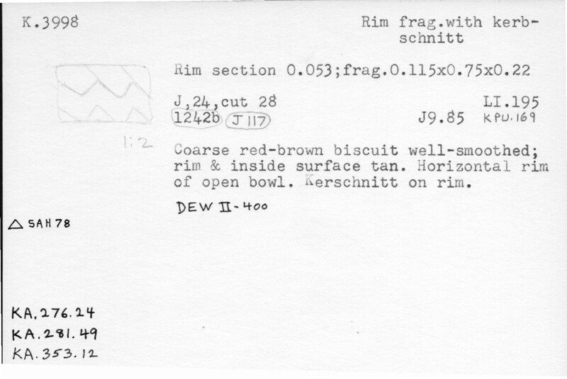 Index card with typed and handwritten information, sometimes including a sketch, of pottery from an excavation.