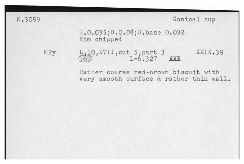 Index card with typed and handwritten information, sometimes including a sketch, of pottery from an excavation.