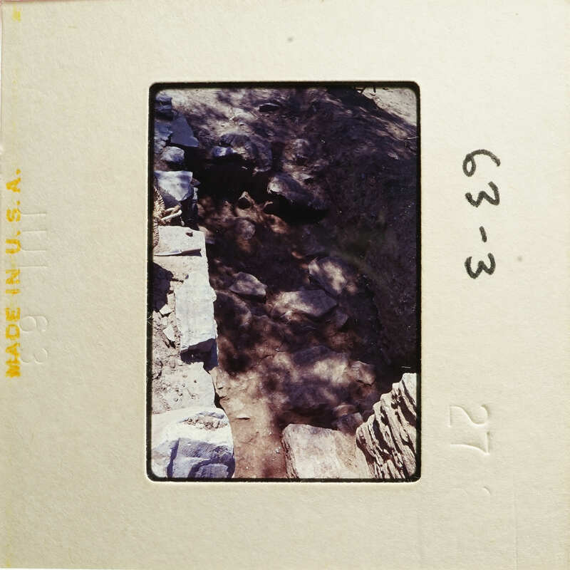 A photograph showing an outdoor scene with a rock-lined path and vegetation, possibly taken from a historical perspective.