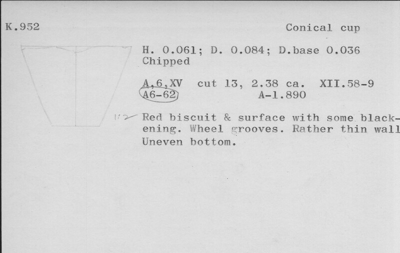 Index card with typed and handwritten information, sometimes including a sketch, of pottery from an excavation.