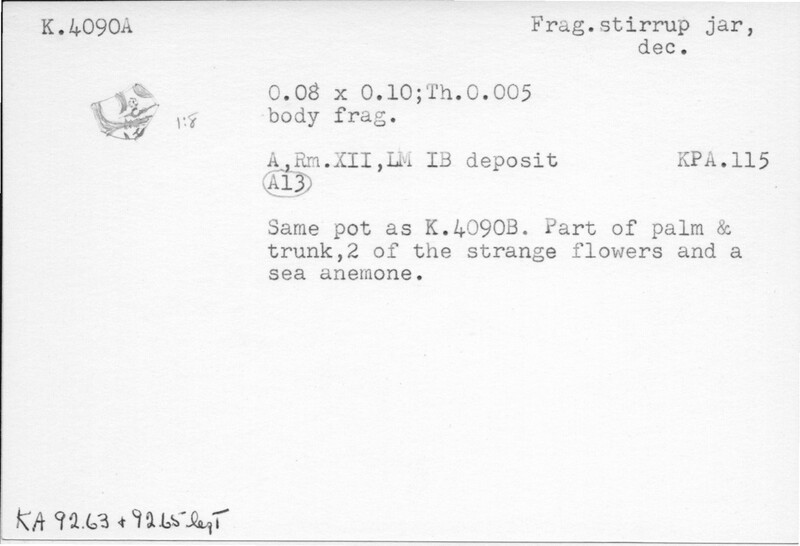 Index card with typed and handwritten information, sometimes including a sketch, of pottery from an excavation.