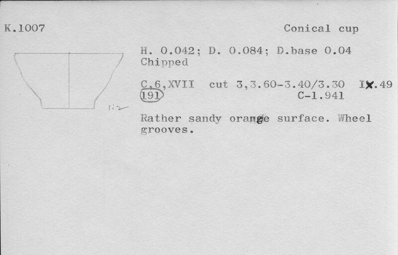 Index card with typed and handwritten information, sometimes including a sketch, of pottery from an excavation.