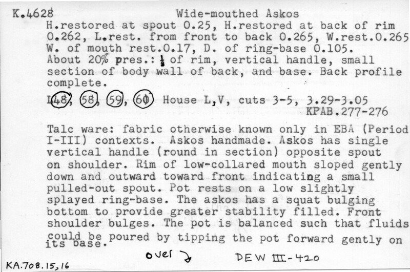 Index card with typed and handwritten information, sometimes including a sketch, of pottery from an excavation.