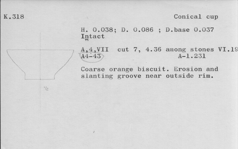 Index card with typed and handwritten information, sometimes including a sketch, of pottery from an excavation.