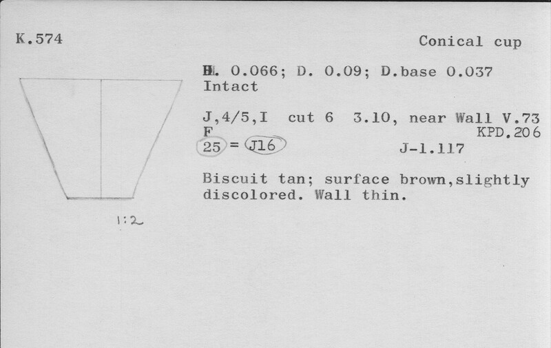 Index card with typed and handwritten information, sometimes including a sketch, of pottery from an excavation.