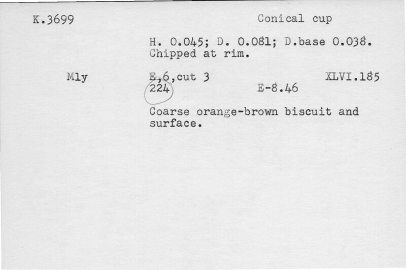 Index card with typed and handwritten information, sometimes including a sketch, of pottery from an excavation.