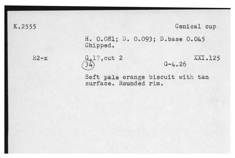 Index card with typed and handwritten information, sometimes including a sketch, of pottery from an excavation.