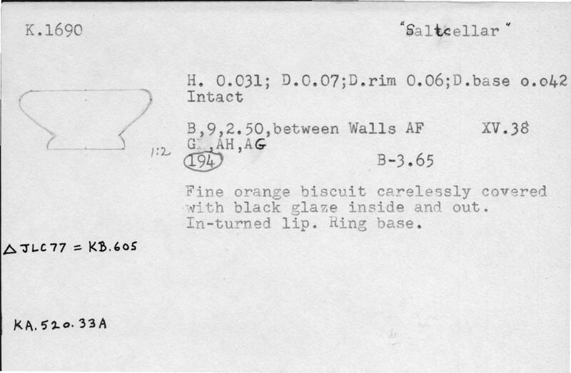 Index card with typed and handwritten information, sometimes including a sketch, of pottery from an excavation.