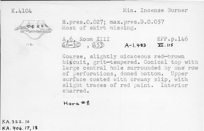 Index card with typed and handwritten information, sometimes including a sketch, of pottery from an excavation.
