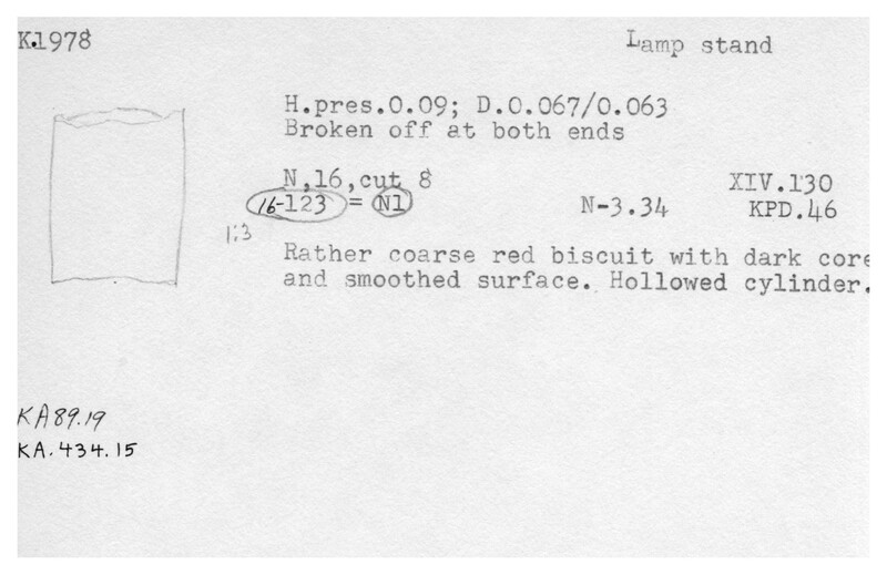 Index card with typed and handwritten information, sometimes including a sketch, of pottery from an excavation.
