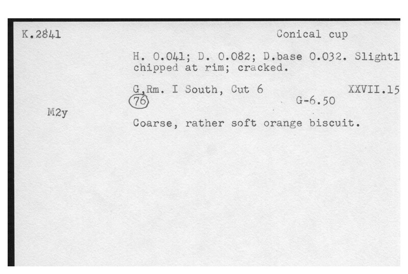 Index card with typed and handwritten information, sometimes including a sketch, of pottery from an excavation.