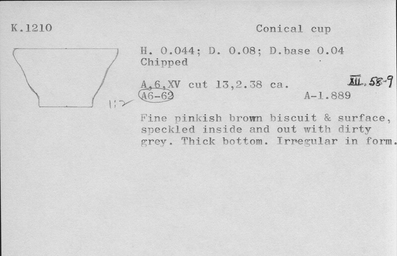Index card with typed and handwritten information, sometimes including a sketch, of pottery from an excavation.