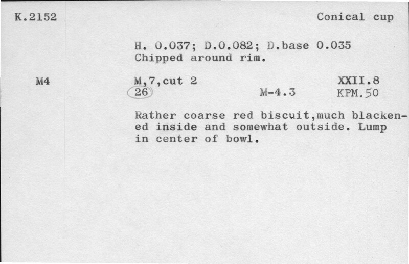 Index card with typed and handwritten information, sometimes including a sketch, of pottery from an excavation.