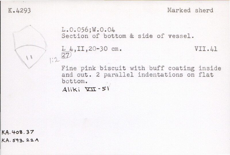 Index card with typed and handwritten information, sometimes including a sketch, of pottery from an excavation.