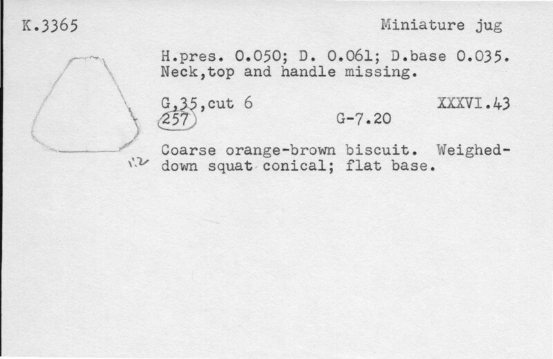 Index card with typed and handwritten information, sometimes including a sketch, of pottery from an excavation.