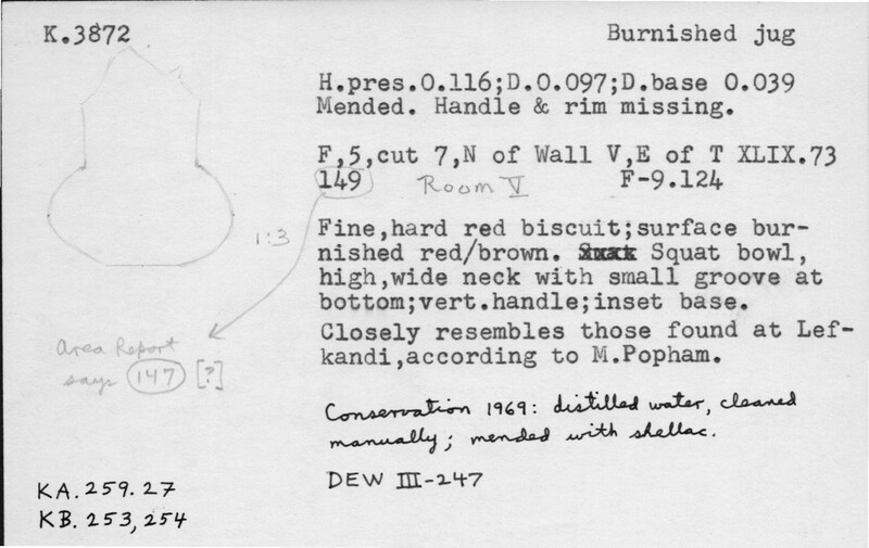 Index card with typed and handwritten information, sometimes including a sketch, of pottery from an excavation.