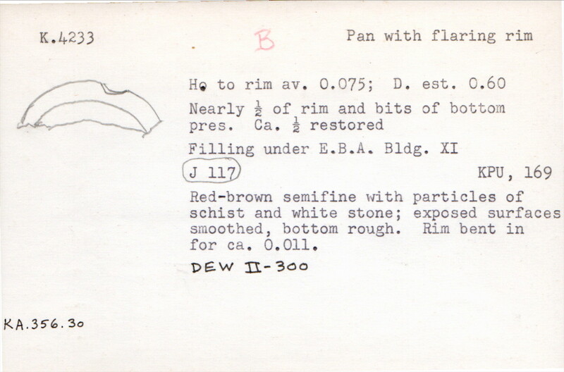 Index card with typed and handwritten information, sometimes including a sketch, of pottery from an excavation.