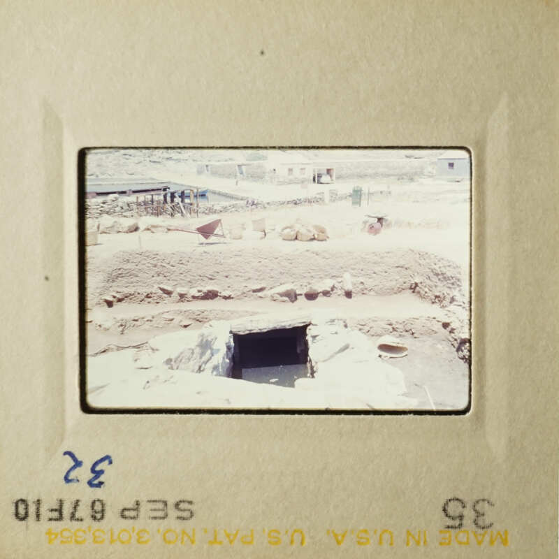 Two photos: an archaeological site with a trench and a pile of dirt, showing historical excavation work.