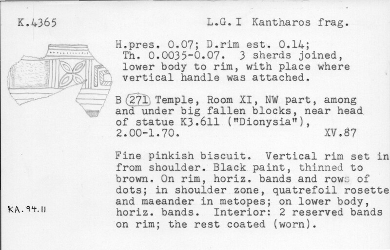 Index card with typed and handwritten information, sometimes including a sketch, of pottery from an excavation.