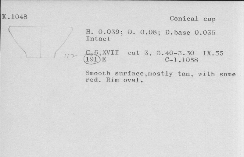 Index card with typed and handwritten information, sometimes including a sketch, of pottery from an excavation.
