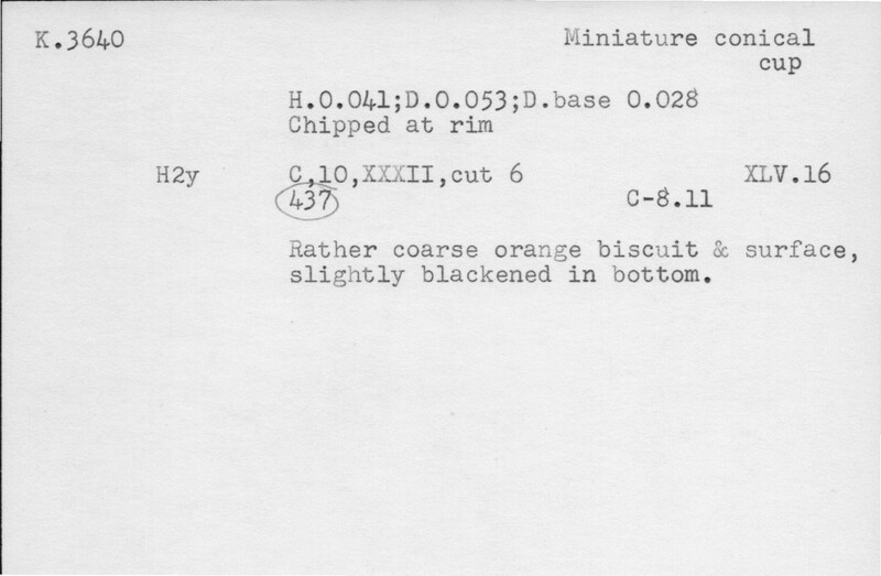Index card with typed and handwritten information, sometimes including a sketch, of pottery from an excavation.