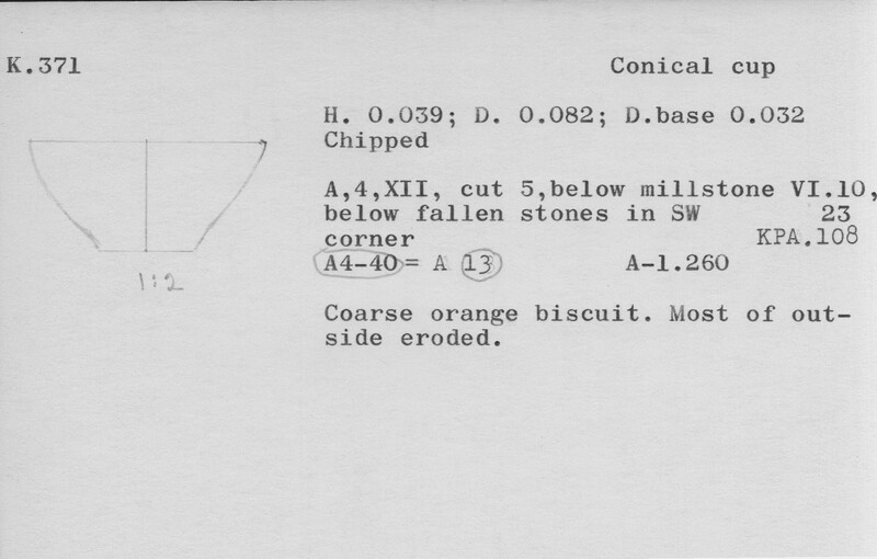 Index card with typed and handwritten information, sometimes including a sketch, of pottery from an excavation.