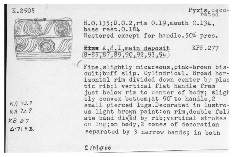 Index card with typed and handwritten information, sometimes including a sketch, of pottery from an excavation.